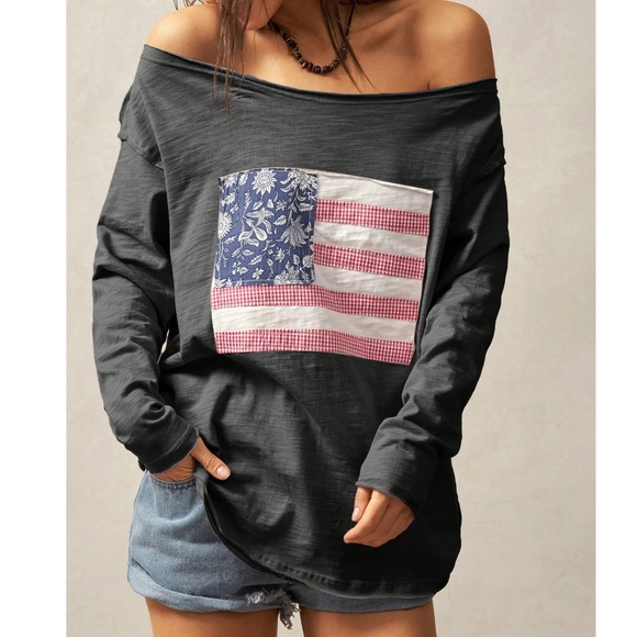 Floral Print Flag Patch cotton Loose Fit Long Sleeve Top - Picture 1 of 5